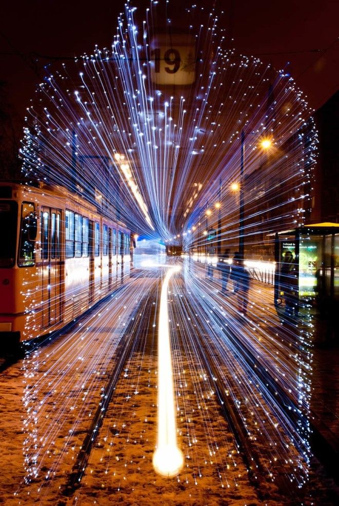 Long Exposure Of A Departing Tram In Budapest Covered With 30000 Leds