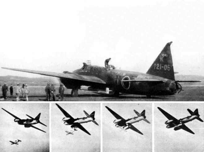 Японский торпедоносец берегового базирования Mitsubishi G4M2e, используемый для запуска самолета-камикадзе Yokosuka MXY-7 Ohka Japanese Navy Mitsubishi G4M2e Model 24 Tei bomber used to launch a Yokosuka MXY-7 Ohka Kamikaze rocket powered anti-ship aircraft